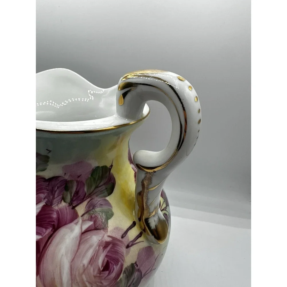 Vintage‎ Hand Painted Porcelain Floral Pitcher Ewer Gold Gilt Pink Roses 8.5